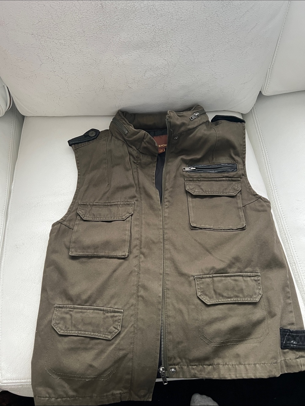 Hive & Honey Olive Utility Field Vest with Black Leather Detail